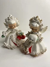 MCM 2 Vtg Holt Howard Ermine Angel Candle Holders Muff & Bells 4" 1958-60 READ