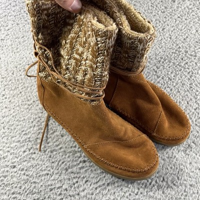 TOMS Nepal Boots Womens 9 Brown Suede Cable Knit Faux Fur Lined Moccasin Boho