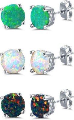3Par Pendientes Opalo 6mm 18K oro blanco Para hombre mujer Joyería Moda Regalo
