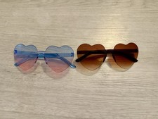2 Pairs Preowned Sunglasses Heart Shaped Colored Glasses-pink  Blue, Brown