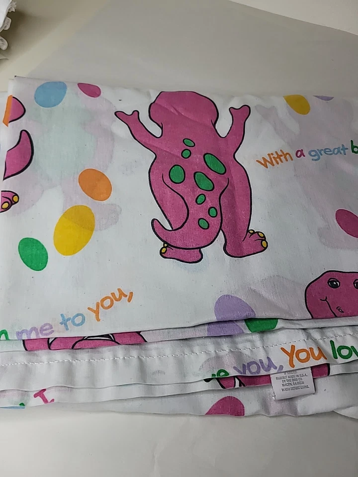 Sábana bajera plana Barney Twin 1992 de colección talla 68" x 94" "Te amo, me amas" Foto 4 de 4