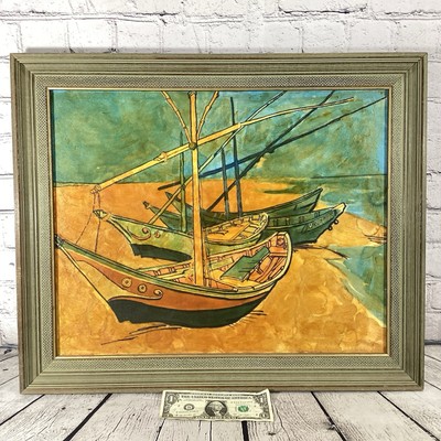 Van Gogh Mcm Boats Saintas Maries Painting VTG Repro Framed Signed V. B. 1964