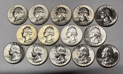 Lot of 14 Washington 90% Silver Quarters 1955D & 1958 All Brilliant Uncirculated