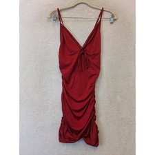 SHEIN Womens Red Ruched Bodycon Mini Dress Lace Trim V-Neck Tie Front Size XS