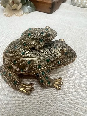 Vintage Bombay Brass Frog Desk Set: Jeweled Trinket Box w/Letter Opener & Magnif