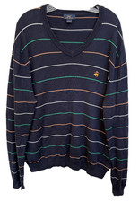 Brooks Brothers V-Neck Sweater Mens Large Navy Blue w Stripes 100 Cotton