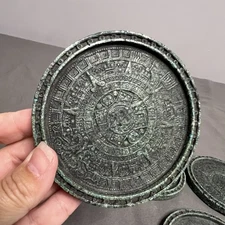 VTG Set Of 5 Mexican Folk Art Aztec Mayan Calendar Malachite Coasters 4”