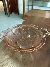 VTG Pink Jeanette Depression Glass Bowl - Cherry Blossom 2 Handle 11"