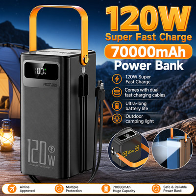 120W 70000mAh Power Bank Large Capacity External Battery Fast Charging Portable 