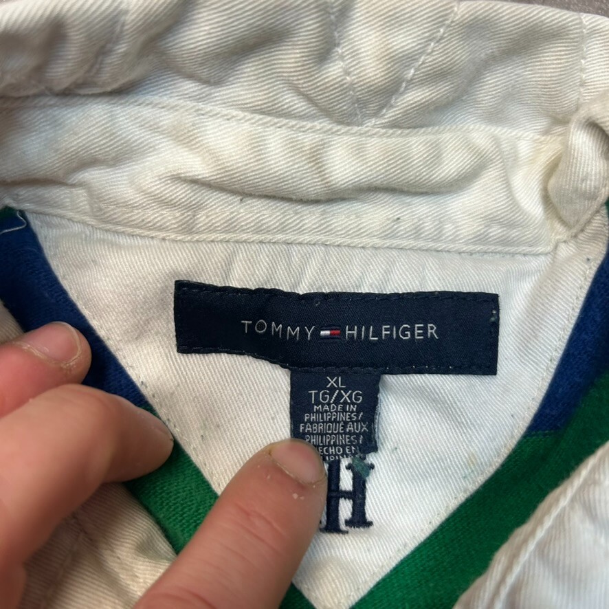 Tommy Hilfiger Rugby Polo Shirt Mens XL Flag Logo Striped Long Sleeve Top, Green image 7