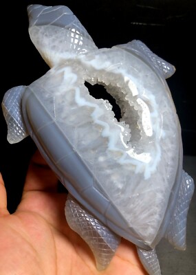 376g Wow! Grey blue agate turtle Quartz Geode Reiki Quart CRYSTAL carving e396 