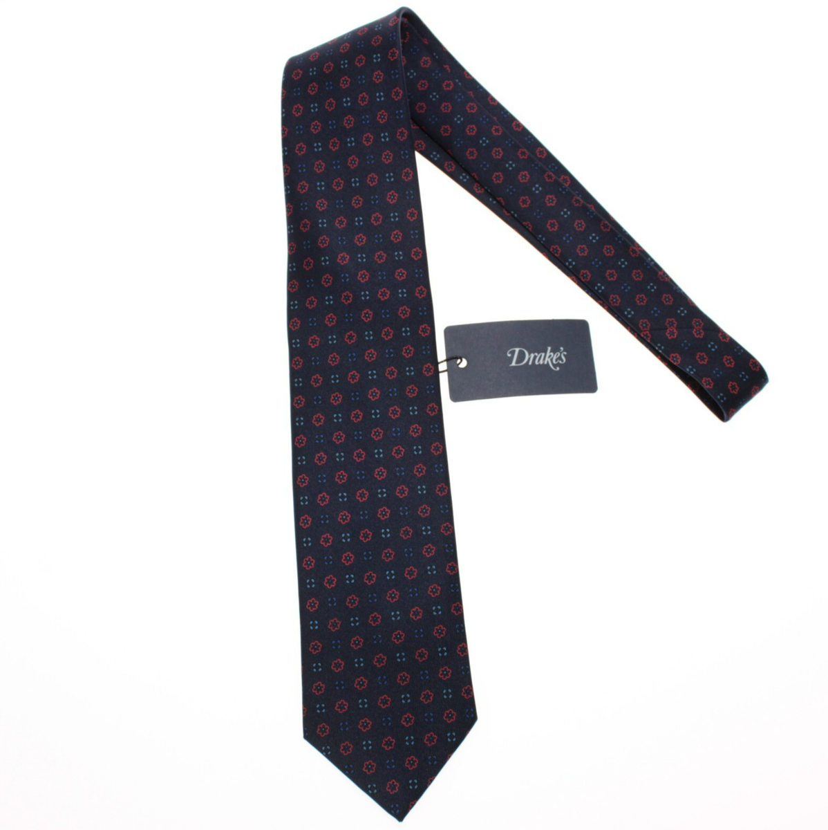 Drake's ネクタイ 濃紺 ダークネイビー Drake's NWT Neck Tie in Navy Blue w/ Red & Blue Floral/Geometric