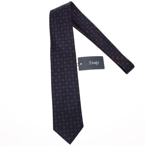 Drake's NWT Neck Tie in Navy Blue w/ Red & Blue Floral/Geometric Print 100% Silk