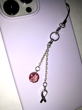 Cell Phone Charm Strap Silver Dangle Pink Crystal Breast Cancer Awareness Ribbon