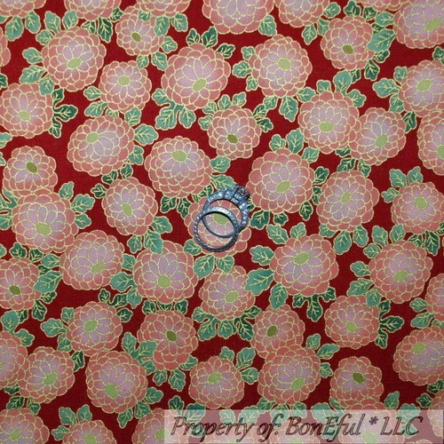 BonEful FABRIC FQ Cotton Quilt Red Green Gold Leaf Asian FLOWER Garden Victorian - Picture 13 of 14