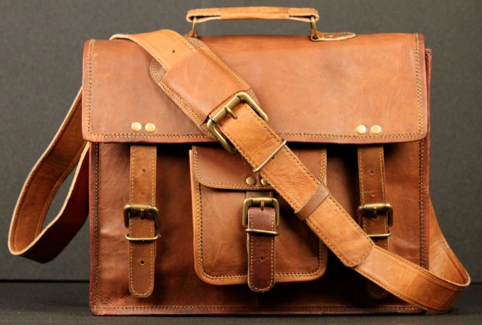 New Men's real goat Leather messenger shoulder bag vintage briefcase laptop bag