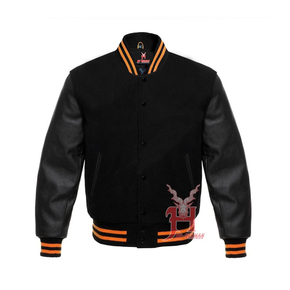 Schwarze Varsity Jacke Wolle & Leder Unisex Gothic Retro College Bomberstil