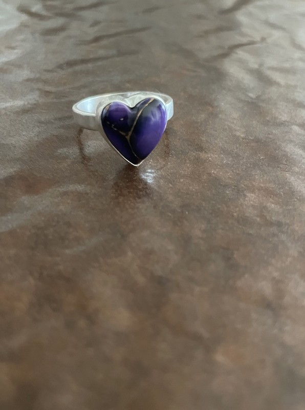 925 Sterling Silver Purple Dahlia Turquoise Heart Ring Size 8