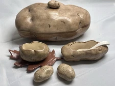 Baked Potato Shaped Covered Dish VTG Ceramic Salt Pepper Shaker Two Bowls