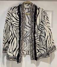 Chico s Women s Linen Zebra Print Open Drape Fringe Jacket Size 2