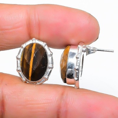 Tiger Eye Gemstone 925 Sterling Silver Jewelry Stud Earring Size 0.75''