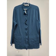 d co Denim Company Jacket XL Ruffle Zip Front Teal Blue Stretch Blazer