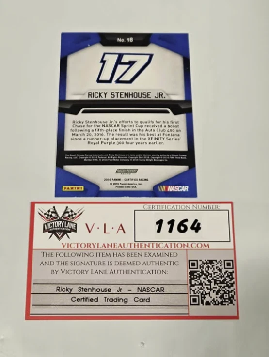VLA COA - Ricky Stenhouse Jr 2016 Certified Signed Trading Card NASCAR Autograph - Image 2 of 2