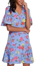 Ann Taylor light blue colorful floral flounce ruffled sleeve swing dress 4