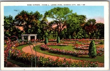 Vintage Linen Postcard Rose Garden, Jacob L Loose Park Kansas City, MO 1940s