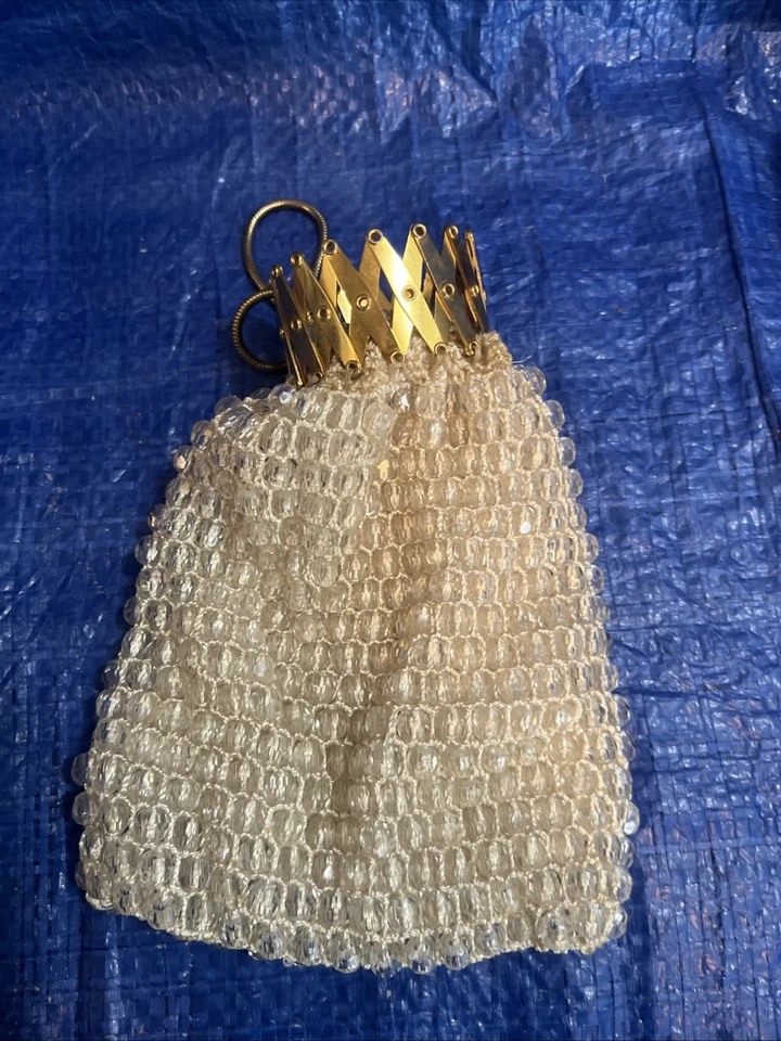 Vtg Beggar Bag Gate Neck Purse Satchel Clear Bead Crochet Victorian Art Nouveau  - Image 3 of 3