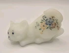 Vintage Fenton Milk Glass Crouching Kitten Cat Figurine Hand Painted Floral