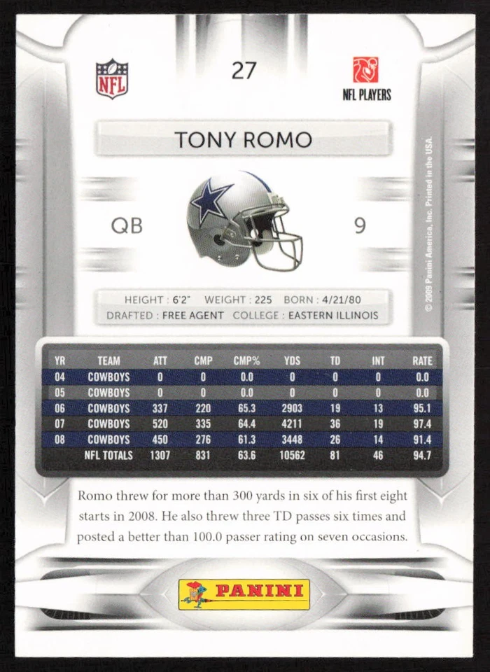 2009 Playoff Prestige Tony Romo #27 Dallas Cowboys - Image 2 of 2