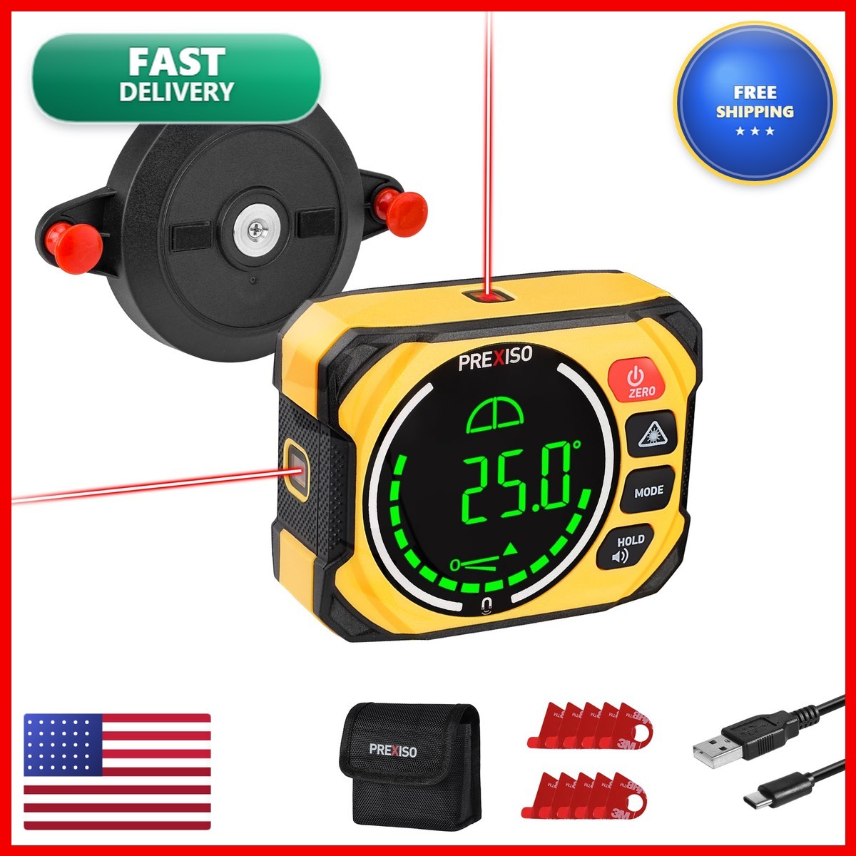 PREXISO 3-in-1 Magnetic Digital Angle Gauge, Digital Level Laser Level