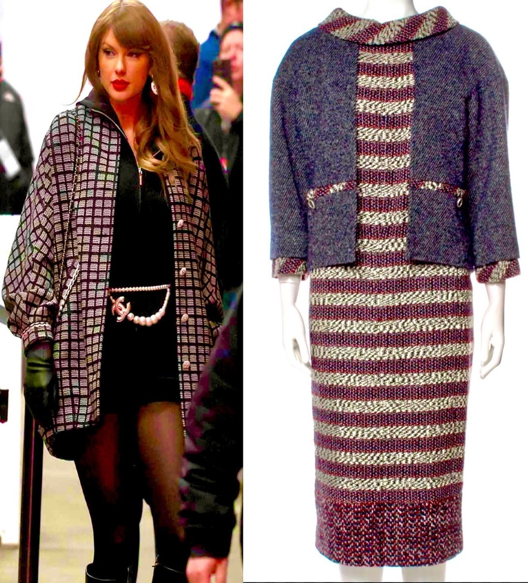 CHANEL カラージャケット ライトブルー 34 4K New Chanel 2013 Blue Tan Stripe Tweed Jacket Shift Dress 34 36