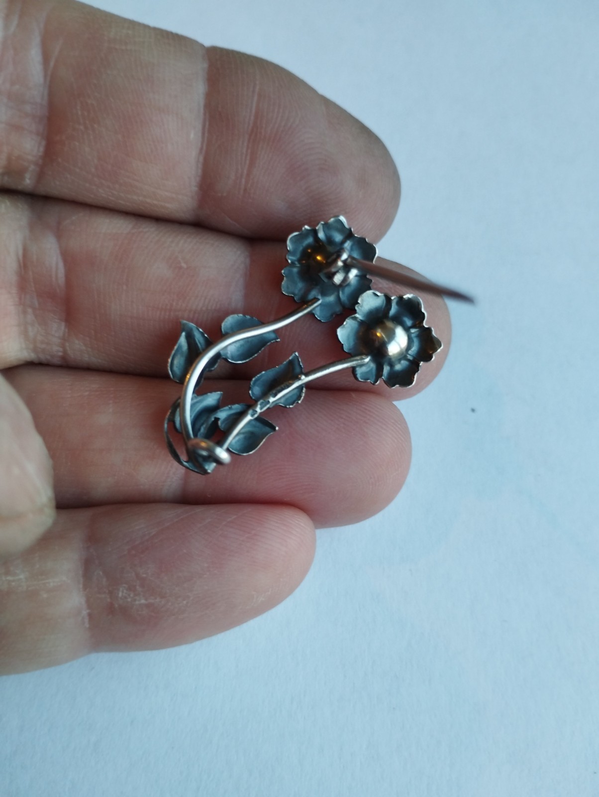 ANTIQUE FOREIGN SOLID SILVER BROOCH FLOWERS 20TH … - image 7