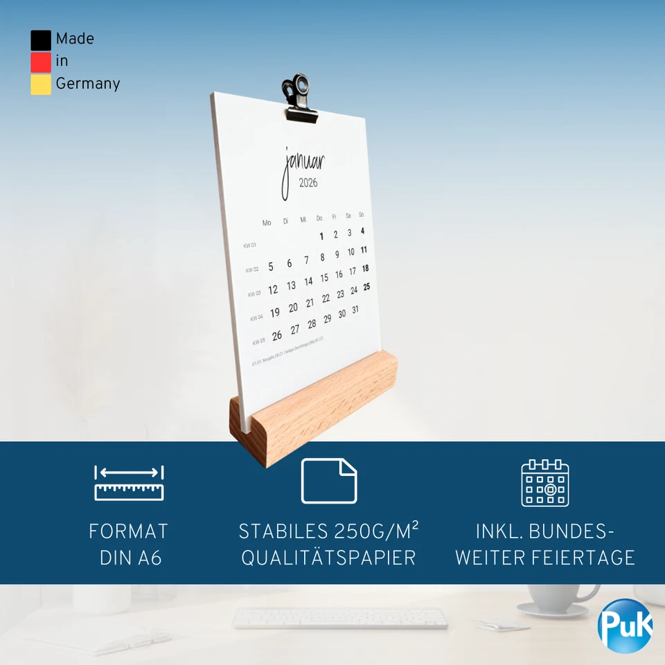 Tischkalender 2026 mit/ohne Holzsockel mit Kalendarium Feiertage DIN A6 - Bild 3 von 4