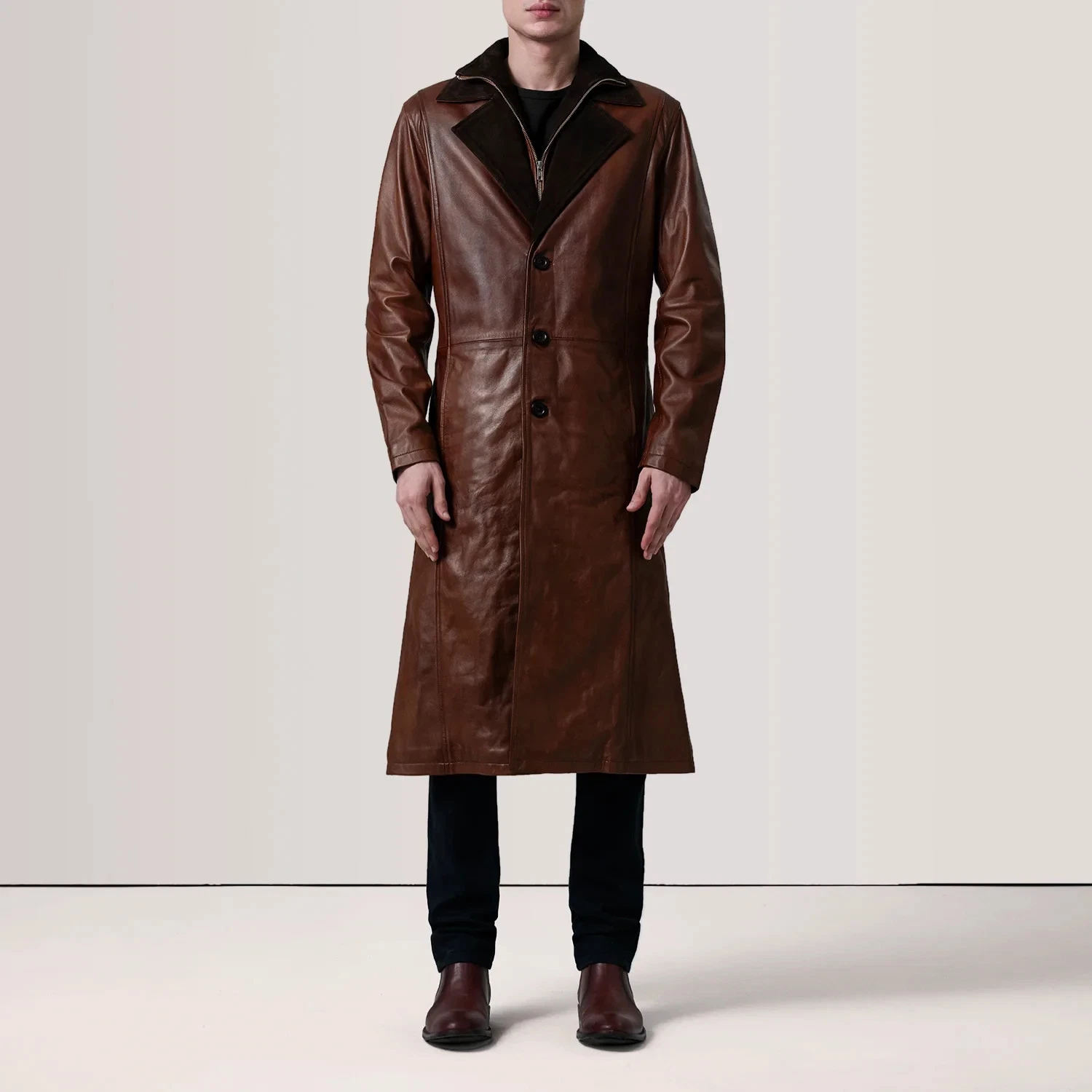 Mens Genuine Leather Trench Coat Long Brown Waxed Vintage Jacket Overcoat Winter - product detail image 2