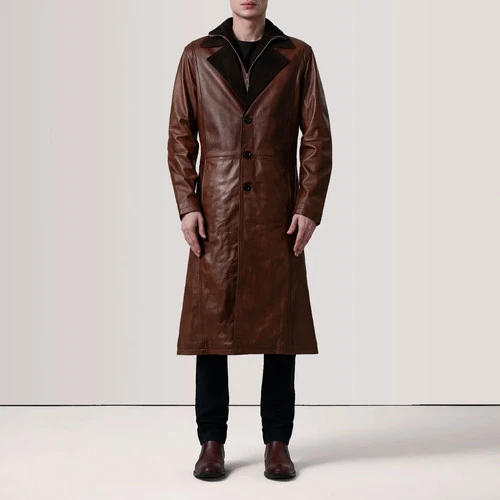 Mens Genuine Leather Trench Coat Long Brown Waxed Vintage Jacket Overcoat Winter image 2