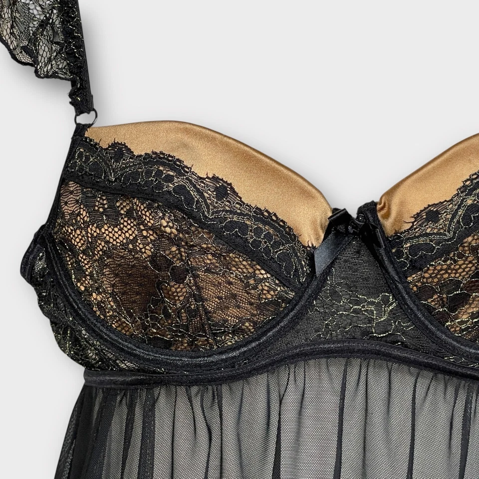 Lencería Fantasía Babydoll Top Negro Dorado Encaje Volantes Manga L/XL Foto 4 de 4