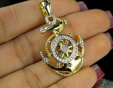 Round 1.20 Ct Simulated Diamond Men's Ship Anchor Pendant 14k Yellow Gold Plated