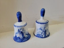 Lot of 2, Delft Blue blauw Dutch Holland hand painted windmill BELLS 3 inch