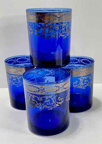 Cobalt Blue Glass Tumblers Platinum Encrusted Hand Blown Italy Whiskey -Set Of 4
