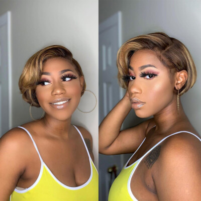 Short Pixie Human Hair Honey Blonde Brown Highlight 4x4 Lace Closure Bob Wigs