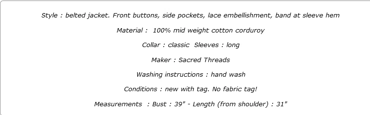 Nwt SACRED THREADS distressed mauve lace corduroy JACKET COAT TOP M Free shippin - Image 2 of 4