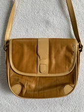 VTG Genuine Leather Handbag Shoulder Bag Two-Tone Camel Whiskey Tan Crossbody