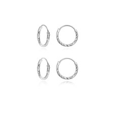2 Pr Set 925 Silver Diamond-Cut Tiny Small Endless 10mm Thin Round Hoop Earrings