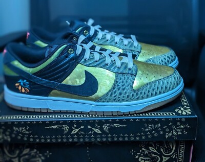 Size 12 - Women's Dunk Low Día de Muertos FQ8148-010  BLACK/KHAKI-METALLIC GOLD