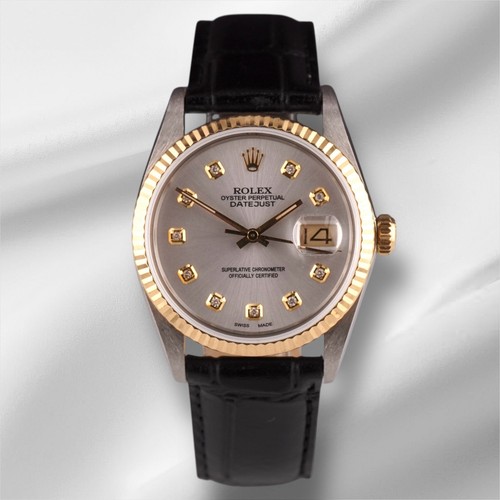 Rolex Datejust 36mm YellowGold Fluted SilverDiamond Dial LeatherBand Watch 16013
