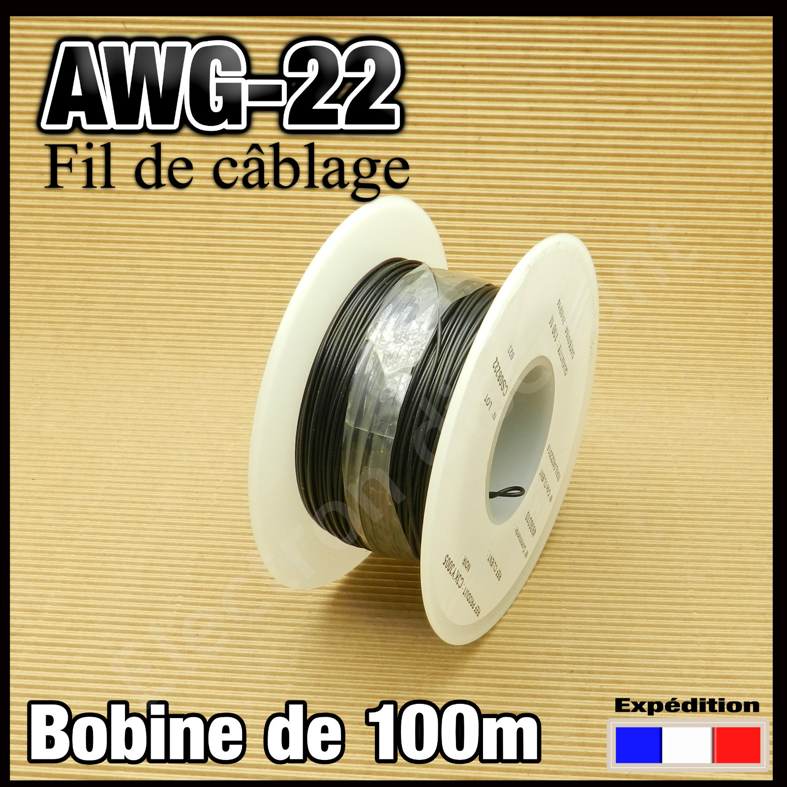Fil de câblage AWG22 0,34mm² noir de 100m pour électronique et modélisme