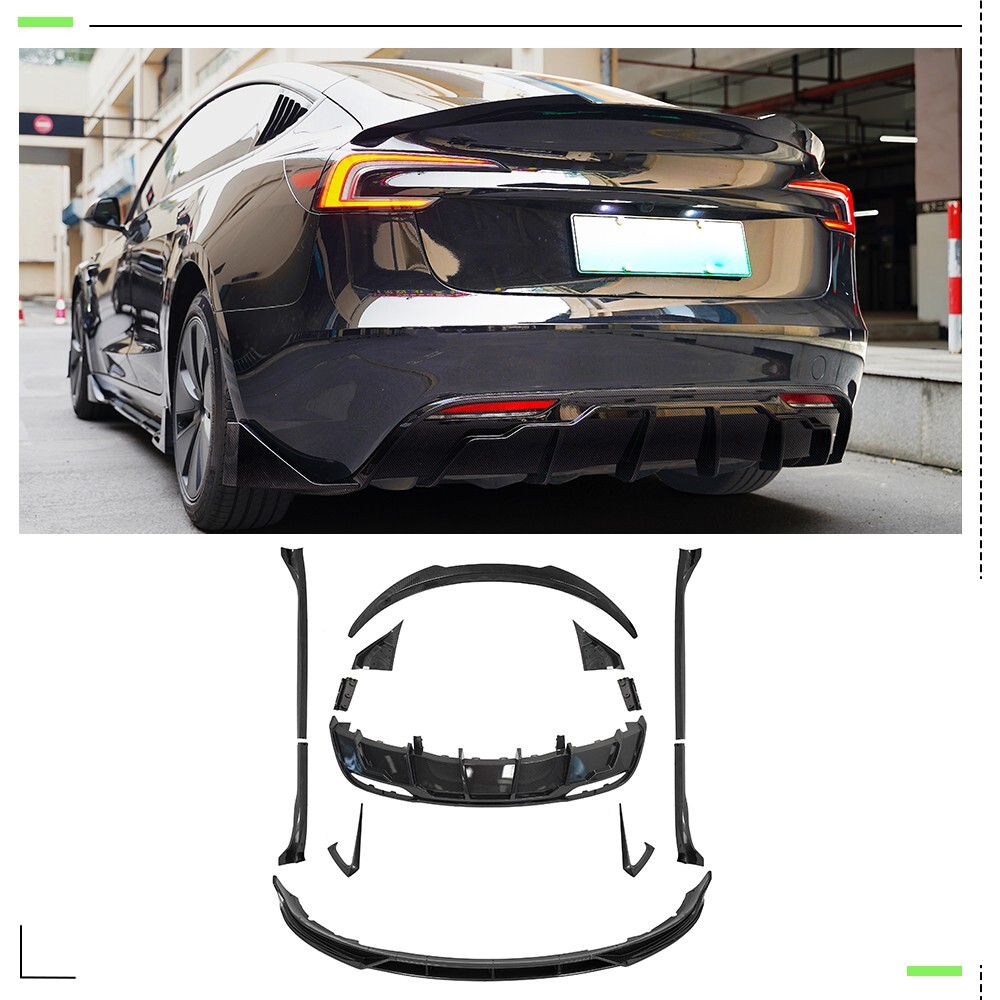 Fit 24+ Tesla Model 3 Fast Aerokit Carbon Look w/ Diffuser+Side Skirts+Rear Wing